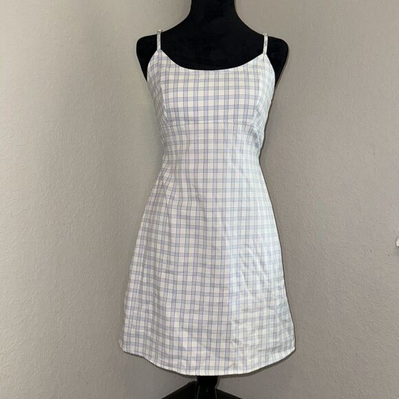 John Galt Mini Fit & Flare Dress Women's White Blue Plaid Straps Belted Back Zip - Picture 1 of 8